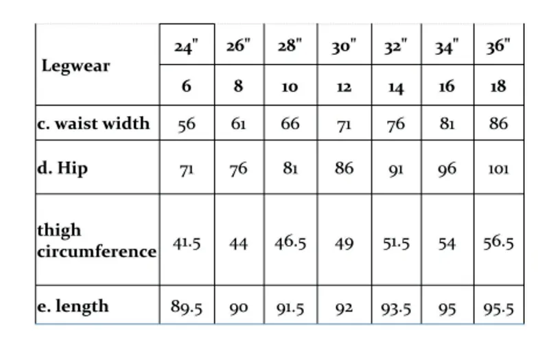 Cameo Legwear size chart